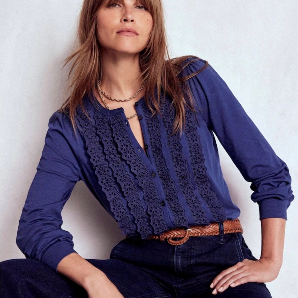 Boden Navy Lace Accent Blouse
